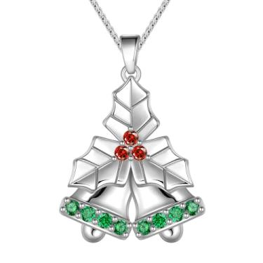 Imagem de beautlace Colar Jingle Bell, banhado a prata, pingente de árvore de Natal festivo com pedra do mês de nascimento para mulheres, filhas, amigas, One size, Cobre, Zircônia cúbica