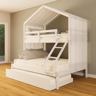 Imagem de Treliche Casal/ Solteiro Casinha Com Cortina Madeira Maciça Branco Megamobilia