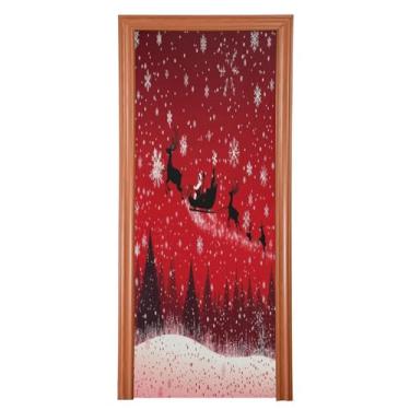Imagem de Natal Rena Papai Noel trenó céu vermelho porta decoração porta banner pano de fundo para varanda banheiro festa de férias M35x79in