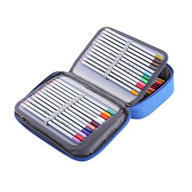 Imagem de Estojo de Tecido para Lápis, Bolsa para Caneta Com Zíper de 72 Compartimentos, Compartimentos Elásticos, Alça, para Crianças, Estudantes, Artistas (Azul)