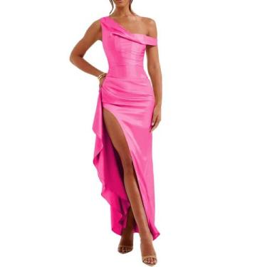 Imagem de Vestido de baile Alphirkut, longo, plissado, cetim, sem ombros, rosa c