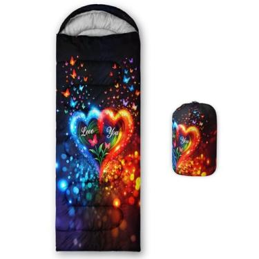 Imagem de QOOMO Sacos de dormir à prova d'água com corações azuis vermelhos para adultos e crianças, sacos de dormir impressos para acampamento, viagens e ao ar livre, equipamentos de acampamento, 78,7 x 228,6