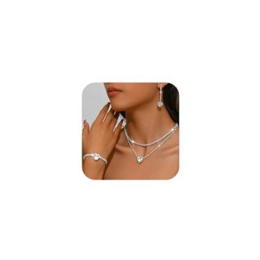 Imagem de YNZGYBY Conjunto de joias de formatura de coração de strass brilhante prata para mulheres colar formal em forma de amor em forma de amor brincos de noiva brilhantes pacote de presentes, Large, Zinco