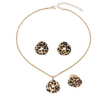 Imagem de NewZenro Conjunto de joias de nó de amor com estampa de leopardo, colares com pingente de nó dourado, brincos grossos, anéis de dedo ajustáveis para mulheres, corrente ajustável, joias modernas
