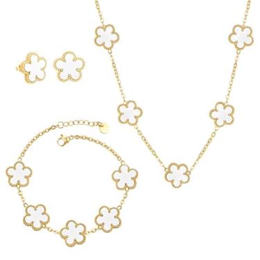 Imagem de CJL CANKIRA Conjunto de joias da sorte com trevo de folhas banhadas a ouro 18 quilates, 3 peças - Conjunto de brincos de colar de trevo de quatro folhas na moda joias delicadas presente para mulheres