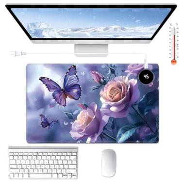 Imagem de Tapete de mesa aquecido grande mouse pad 60 x 35,8 cm com 3 níveis de aquecimento e desligamento automático tapete de mouse quente couro PU computador mousepad para trabalho em casa escritório - rosa