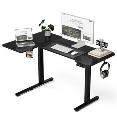 Imagem de Acrolix Mesa elétrica reversível em forma de L de 129,5 cm, altura ajustável para jogos, canto em pé, suporte para sentar, mesa de computador para escritório em casa com placa de emenda, tampo preto