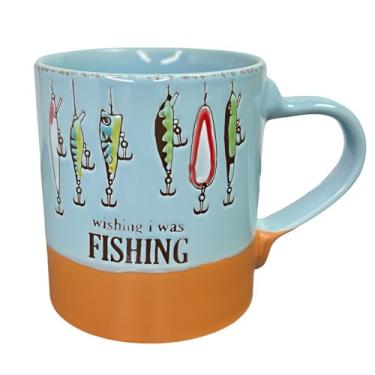 Imagem de Caneca de café de cerâmica de 425 g para amantes de pesca, Wishing I Was Fishing Hooks, caneca de chá fofa presente para homens, lavável na lava-louças e no micro-ondas