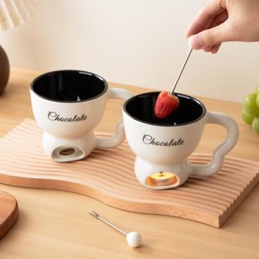 Imagem de Conjunto de copos de fondue, copo de derretimento de chocolate, 2 pacotes de caneca de fondue de cerâmica com garfos, canecas pequenas de fondue para encontros noturnos, festas de aniversário e