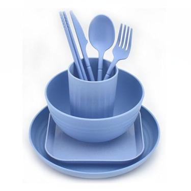 Imagem de Conjunto de 8 peças de palha de trigo, utensílios de cozinha, utensílios de mesa, pratos de jantar, tigela, xícara, prato, faca, garfo, pauzinhos, talheres (azul claro)