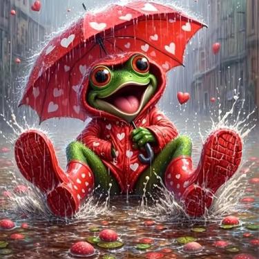 Imagem de Diosedyer Funky Frog in Rain Umbrella 5D DIY Kit de pintura de diamantes acrílicos redondos completos, ideal para decoração de Natal e Halloween, perfeito para quarto, escritório, sala de estar, arte