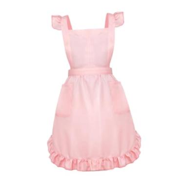 Imagem de SiaBiced retrô com babados para empregada doméstica, ideal para cosplay, restaurante e fantasias. Ajustável e com bolsos frontais, Rosa