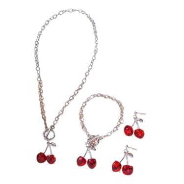 Imagem de DATOA Colar com pingente de cereja doce conjunto de brincos 3D de frutas fofas pulseira criativa fruta vermelha cereja gargantilha colar joias modernas para mulheres, Metal, Sem Pedra Preciosa