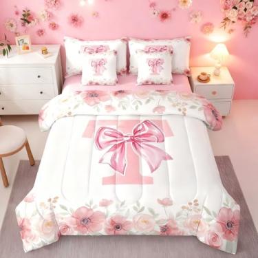 Imagem de Erosebridal Conjunto de cama King com monograma de flores, kawaii, rosa, laço e laço em uma bolsa para adolescentes, conjunto de cama estilo princesa sonhadora, decoração de quarto, rosa claro e