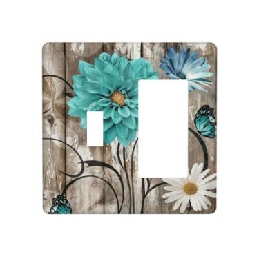 Imagem de SgEdao Capas decorativas de margarida turquesa design floral vintage em madeira rústica 2 gangues 1 gangue placa de parede interruptor único/interruptor de luz basculante capa de placa de interruptor