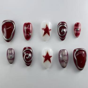 Imagem de Unhas postiças curtas médias vermelhas amêndoas com linhas simples de vórtice Desien cobertura completa cola acrílica falsa em unha para mulheres, 24 peças