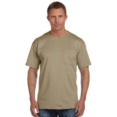 Imagem de Camiseta masculina Fruit of the Loom de algodão pesado com bolso, Caqui, Small