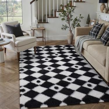 Imagem de PureCozy Tapete quadriculado 10 x 15 cm felpudo fofo para sala de estar, preto e branco, tapete lavável moderno, macio, felpudo, antiderrapante, para uso interno, para quarto, dormitório, escritório