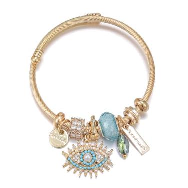 Imagem de LOMISS PULSEIRA FEMININA DOURADA COM PINGENTE DE OLHO GREGO BRACELETE METÁLICO PULSEIRA DE CONTAS MODERNA E VERSÁTIL