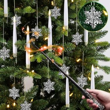 Imagem de SunJas Velas de árvore de Natal com varinha mágica, pacote com 12 velas sem chamas para árvore de Natal cintilante, vela de LED operada por bateria para decoração de festas de fim de ano com floco de