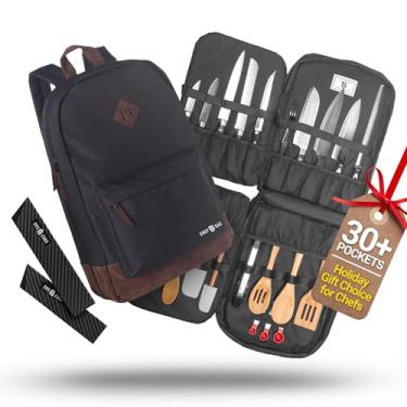 Imagem de Mochila de couro de faca de chef | Bolsos de cozinha premium | Mais de 30 bolsos para facas e utensílios de cozinha | Bolsos grandes para tablets e notebooks | Ótimo presente para chefs executivos e estudantes de culinária (preto)