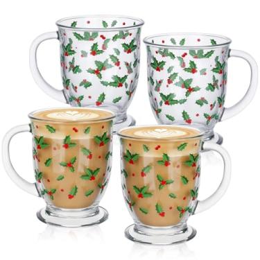 Imagem de FoldTier Conjunto de 4 peças de canecas de vidro de Natal com folhas de azevinho e frutas silvestres 350 ml canecas de café de Natal com alça transparente para o inverno, Natal, inverno, casa