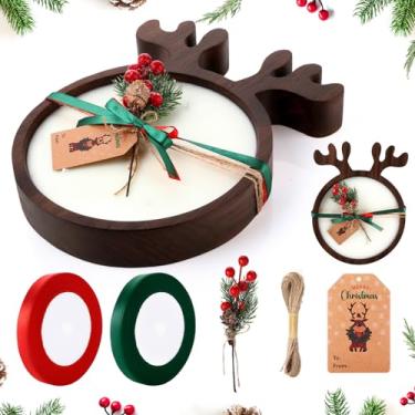Imagem de Potchen 1 conjunto de velas de madeira para tigela de Natal de madeira rústica, tigela de massa de Natal com etiqueta de frutas e pinheiro para decoração de mesa de fazenda de Natal, 30 x 25 x 5 cm