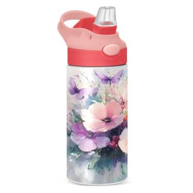 Imagem de xigua Buquê floral em aquarela infantil garrafa de água com canudo – copo de aço inoxidável à prova de vazamento de 340 g para esportes, creche