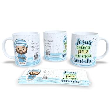 Imagem de Caneca Devocional Jardim da Paz, Branca com Listras Rosa e Verde, Flores, Tema Religioso (23008)