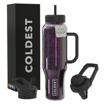 Imagem de Copo Coldest com alça e canudo, copo isolado 100% à prova de vazamento com tampa e canudo (3 tampas), copos de aço inoxidável para mulheres e homens, compatível com porta-copos, 1,304 g (pedra