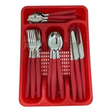 Imagem de Jogo de Talheres 25 Peças em Aço Inox com Gaveteiro Organizador, Vermelho, 6 Garfos, 6 Facas, 6 Colheres de Mesa, 6 Colheres de Sobremesa