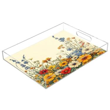Imagem de STAYTOP Bandeja de servir de acrílico vintage Wildflowers 15,7 × 11,20 cm, bandejas decorativas à prova de derramamento, organizador de bancada para café da manhã, chá, comida, maquiagem