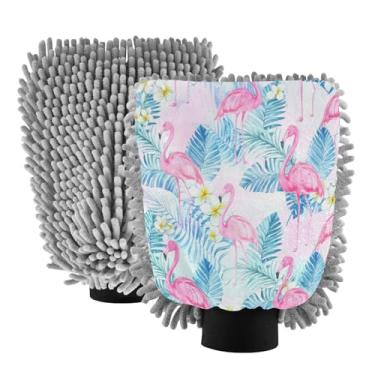 Imagem de STAYTOP Luvas de lavagem de carro flamingos e folhas de palmeira, 2 peças, luvas de microfibra de chenille, sem arranhões, panos de esponja de lavagem ultra absorventes para carros, limpeza doméstica