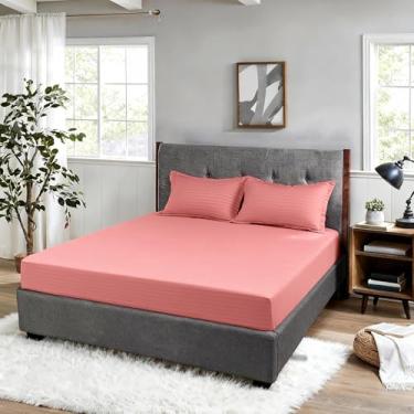 Imagem de PENCYHAME Jogo de lençol com elástico rosa, conjunto completo de lençol com elástico de poliéster e fronha, lençol com elástico alto, jogo de cama de 3 peças, sem lençol de cima incluído, macio e