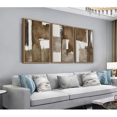 Imagem de Shoci Tela grande emoldurada abstrata marrom e branco arte de parede moderna blocos de cores textura impressão de imagem flutuante natural emoldurada decoração de arte rústica para sala de estar
