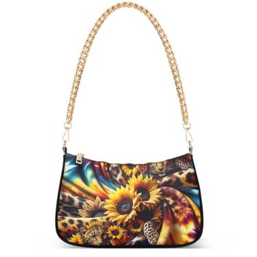 Imagem de Girassóis Tie Dye Estampa Leopardo Lindas Bolsas Femininas Pequena Bolsa Hobo Mulheres Pequenas Bolsas de Mão Corrente Lindas Bolsas de Ombro, Girassóis com estampa tie dye leopardo