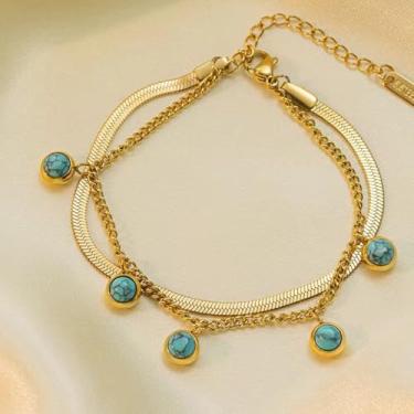 Imagem de Pulseira de elos dourados de camada dupla, corrente de osso de cobra, pingente circular turquesa, pulseira feminina exclusiva, escolha ideal para presente de aniversário