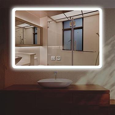 Imagem de TRGCJGH Espelho de casa de banho LED inteligente com luzes espelho de casa de banho retroiluminado espelho de maquilhagem anti-embaciamento montado na parede controlo de interruptor tátil regulável