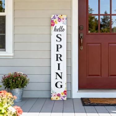 Imagem de Hentonwell Placa vertical de madeira para alpendre Hello Spring, placa rústica para varanda de primavera, placas decorativas para porta da frente, decoração de boas-vindas ao ar livre em estilo de