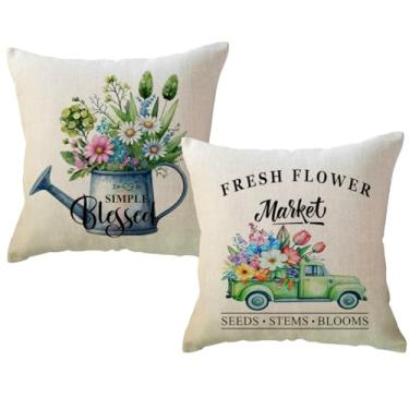 Imagem de Capas de almofada de decoração de primavera 45,7 x 45,7 cm verde caminhão regador casa de fazenda flores frescas mercado primavera férias fronhas decorativas, pacote com 2 para varanda (verde)
