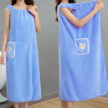 Imagem de Roupão de toalha de banho feminino, envoltório de lã coral macio com alças para spa, piscina, ioga - 99 x 128 cm, roupão leve com bolso (azul)