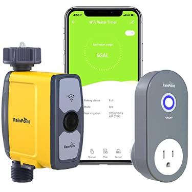 Imagem de RAINPOINT Temporizador de água WiFi, temporizador de mangueira inteligente para mangueira de jardim com aplicativo e controle de voz, sistema de irrigação automático baseado no clima para gramado e