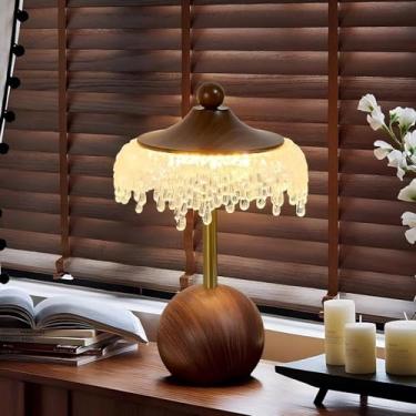 Imagem de Abajur de mesa retrô requintado com cúpula de vidro, base de metal com textura de madeira, luminária decorativa de LED em formato de cogumelo, estilo antigo, ideal para sala de estar, quarto