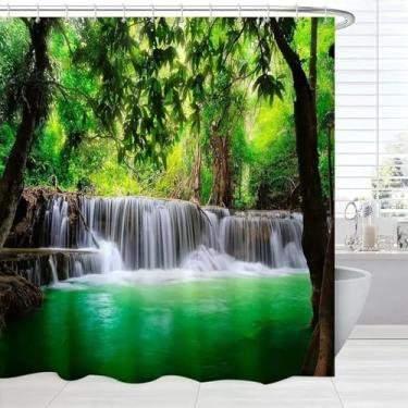 Imagem de Cortina de chuveiro paisagem verde cachoeira floresta floresta selva paisagem natureza tecido impermeável decoração de banheiro 44x87in-113x220 cm/LxA cortina de chuveiro rústica