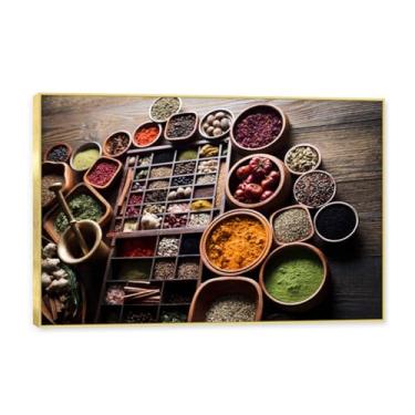 Imagem de NHLDZYH Moldura dourada. Arte de parede em tela de especiarias coloridas e colher de tempero | Decoração de cozinha vintage | Arte moderna para casa e sala de jantar. C73. 60 x 90 cm - 23,7 x 35,5 pol
