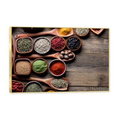 Imagem de NHLDZYH Moldura dourada. Arte de parede em tela de especiarias coloridas e colher de tempero | Decoração de cozinha vintage | Arte moderna para casa e sala de jantar. C75. 50 x 75 cm - 19,7 x 29,6 pol