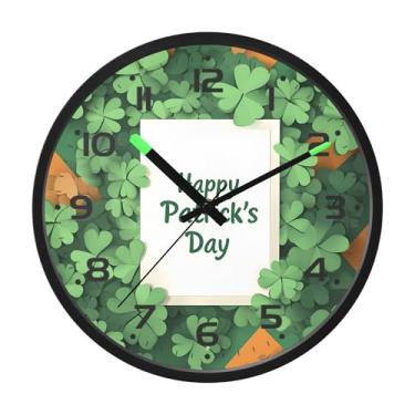 Imagem de SEHANY Relógio de parede Green Clover, silencioso, sem tique-taque, relógio redondo operado por bateria, controle de som, luz noturna, relógios de parede para sala de estar, cozinha, quarto