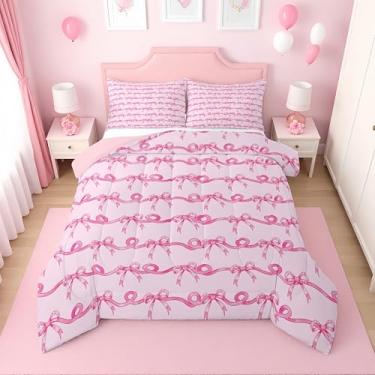 Imagem de Erosebridal Conjunto de edredom completo com laço rosa fofo para meninas | Conjunto de cama com laço de fita coquete para crianças, adolescentes, edredom listrado kawaii, com gravata borboleta preppy
