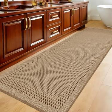 Imagem de Tapete de banheiro de waffle atualizado, com borda bege, super absorvente, antiderrapante, secagem rápida, tapetes com borlas, laváveis na máquina, tapetes de banho boho ultra macios para chão