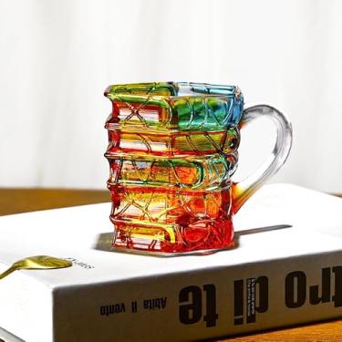 Imagem de AKLOPE Caneca de café feita à mão para livro de vidro, design 3D empilhável, cor azul e âmbar (pequena, cores giratórias)